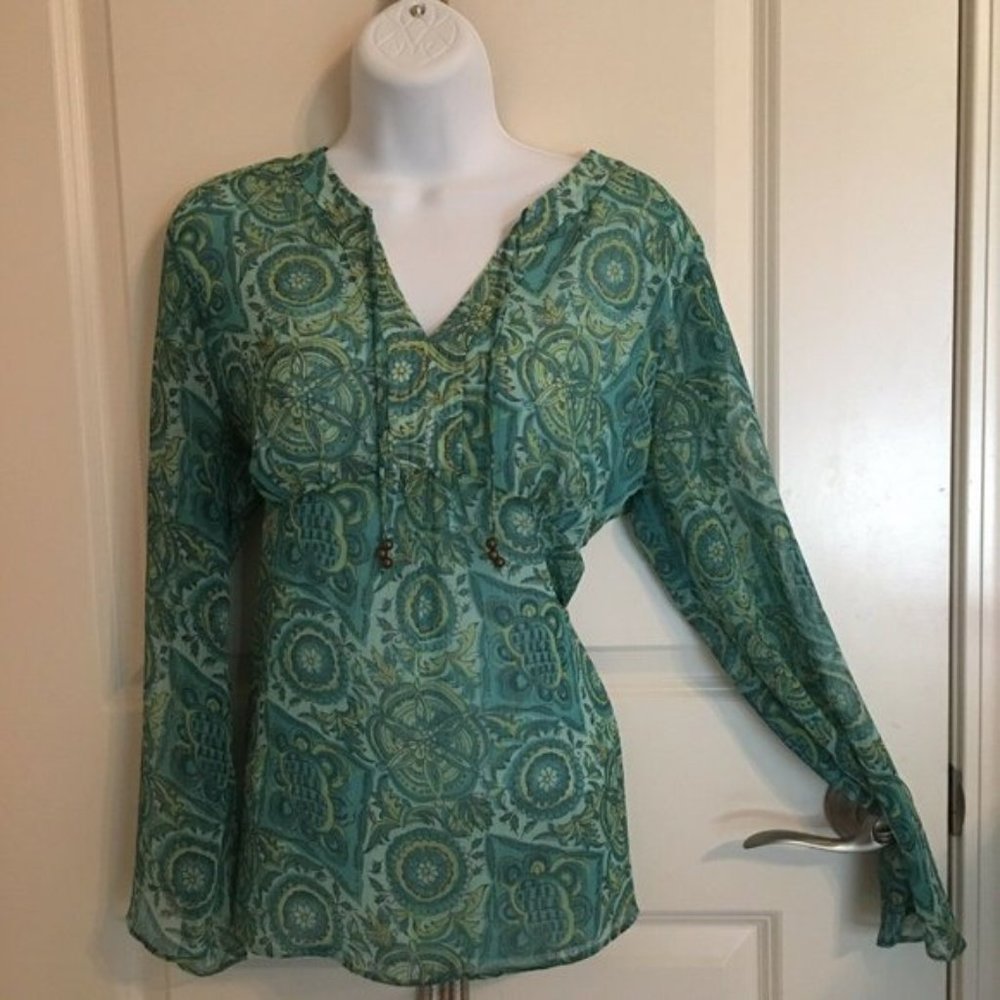 LOFT Green Sheer Boho Peasant V Neck Chiffon Top